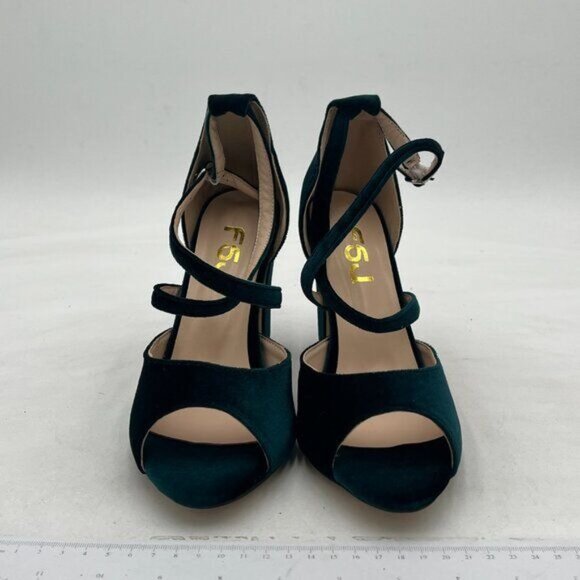 FSJ Women Elegant Peep Toe Sandals Chunky High Heel Pumps Cross Strap Velvet - Picture 3 of 8